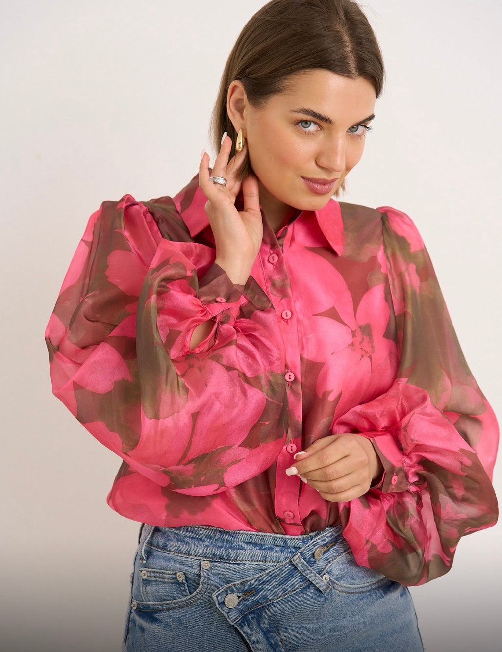 Kyla Sheer Shirt - Hot Pink & Brown.