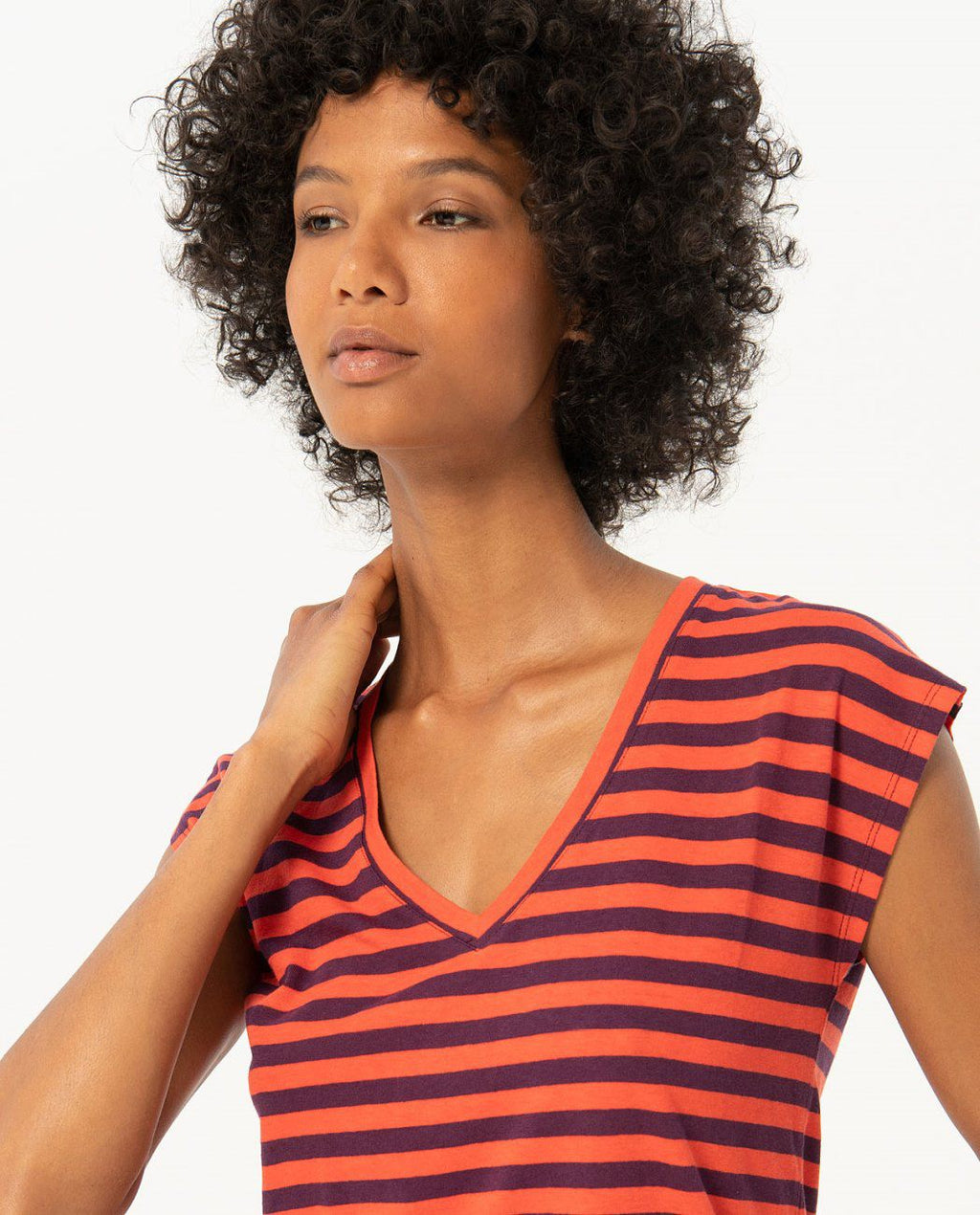 Surkana V neck Striped T shirt-Orange/Maroon