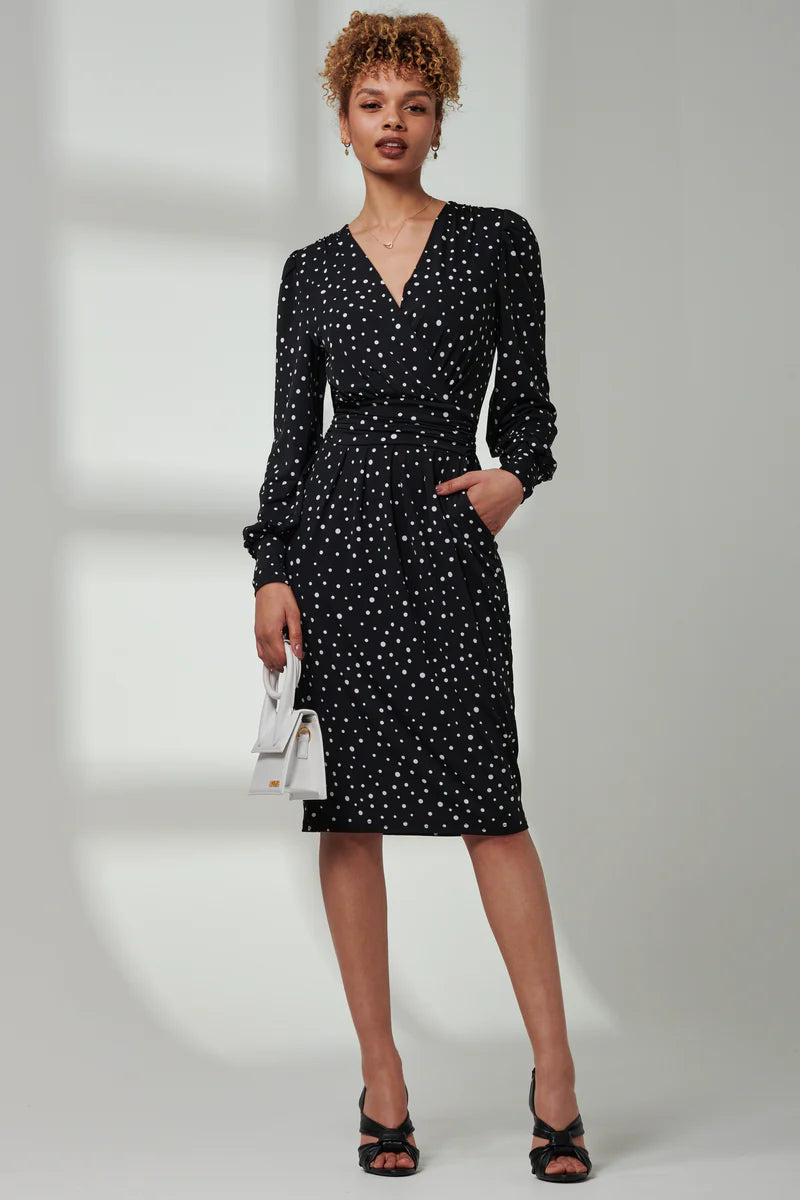 Jolie Moi Gwen Print Long Sleeve Pegged Dress-Black Spot
