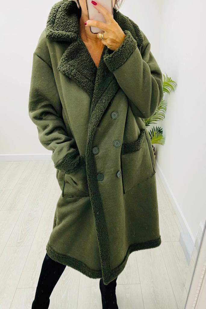 Kyla Sheepskin Style coat Double Breasted Green