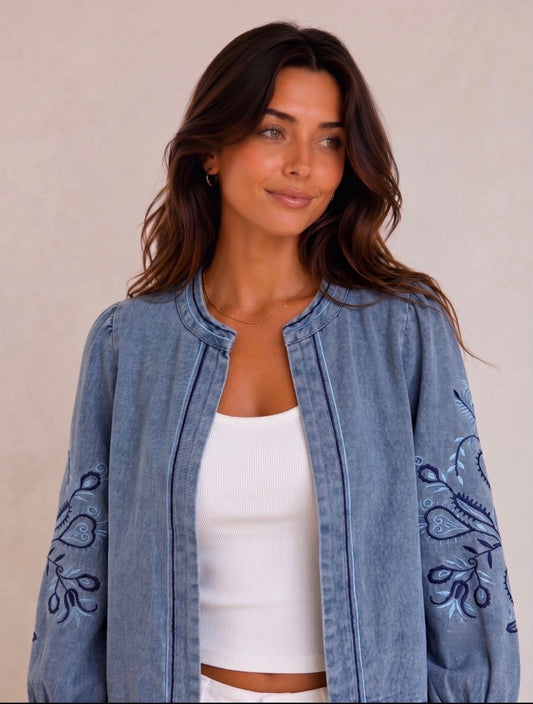 Kyla Edge to Edge Embroidered Jacket - Denim