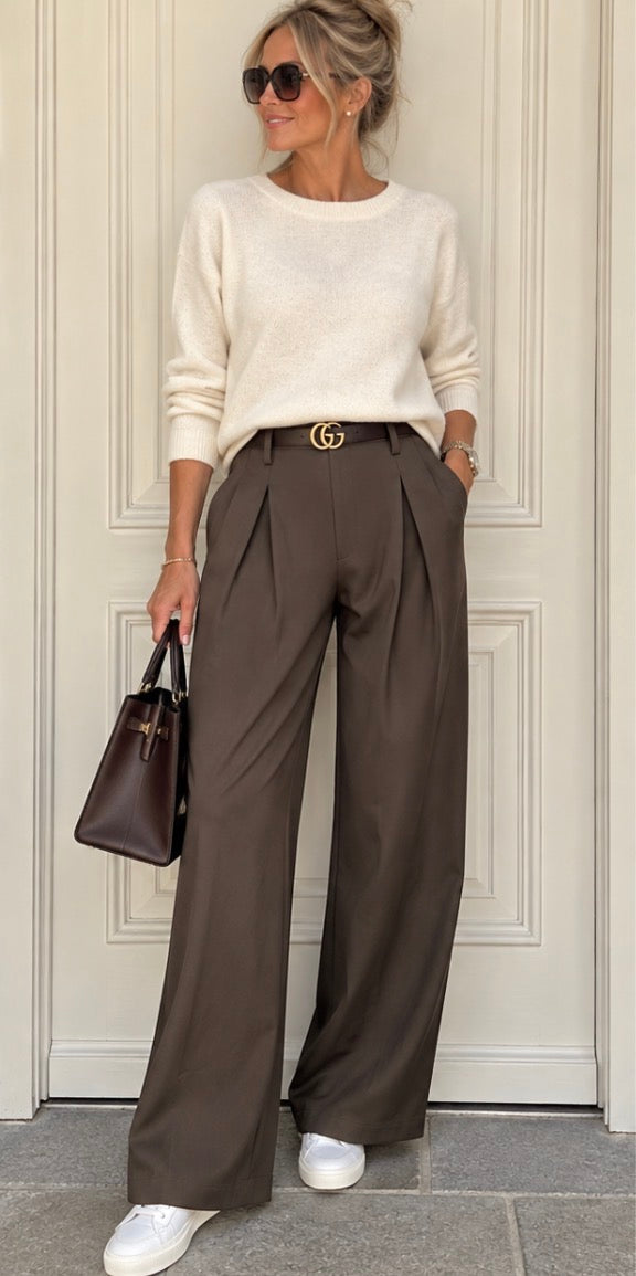 Kyla Trousers Inverted Pleat, Wide Leg & Belt - Brown.