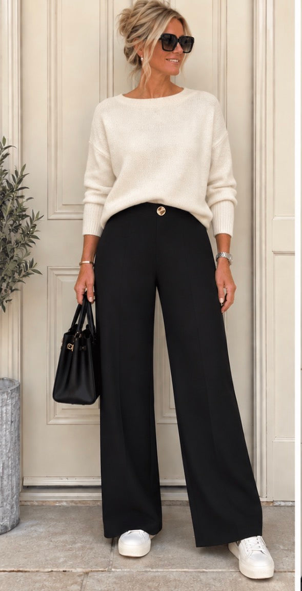 Kyla Pull On Trousers - Gold Button - Black.