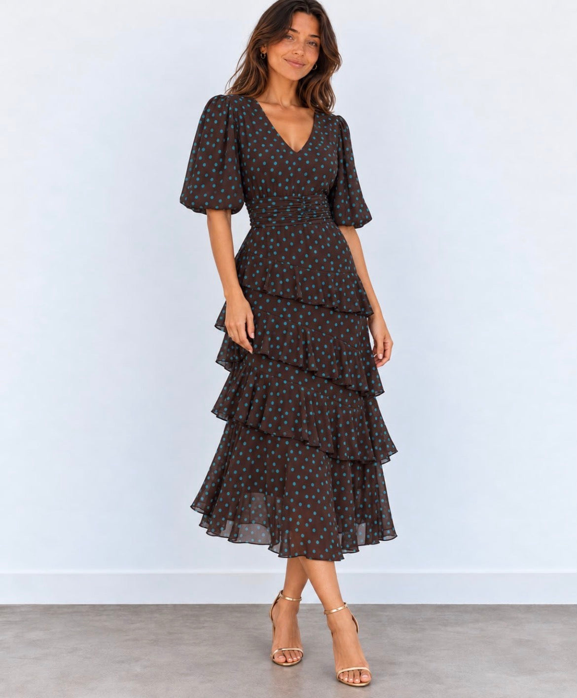 Kyla V neck Tiered Dress - Brown & Turquoise