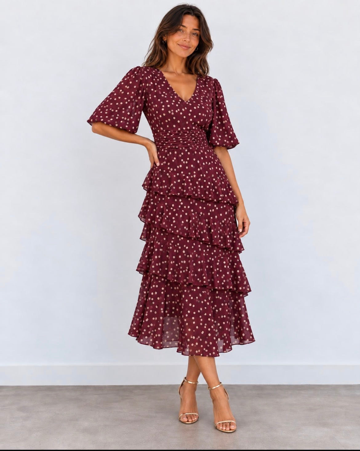 Kyla V Neck Tiered Dress - Burgundy & Cream Mix.