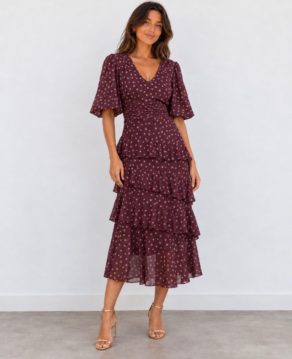 Kyla V Neck Tiered Dress - Burgundy & Cream Mix.
