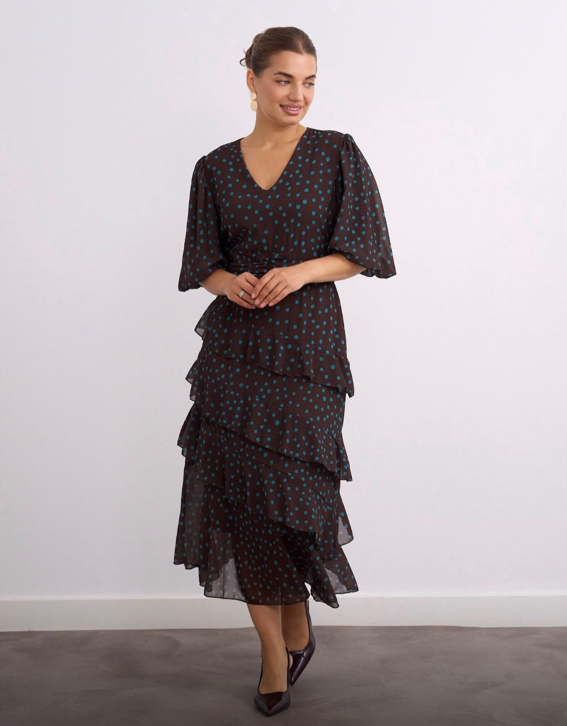 Kyla V neck Tiered Dress - Brown & Turquoise