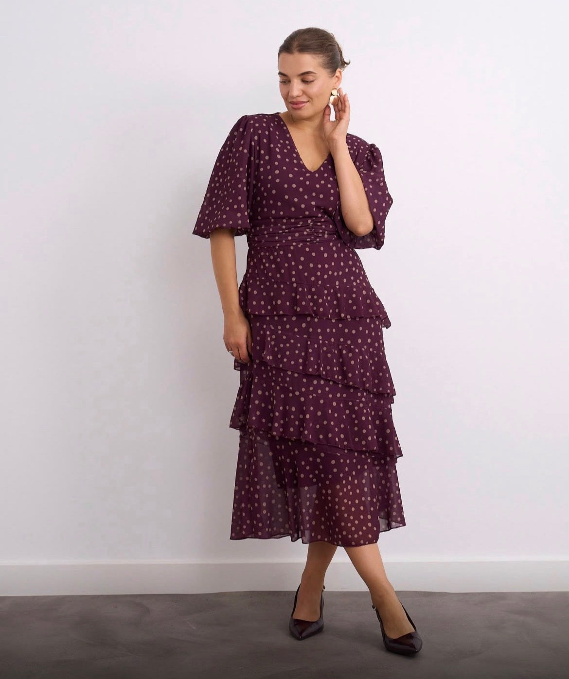 Kyla V Neck Tiered Dress - Burgundy & Cream Mix.