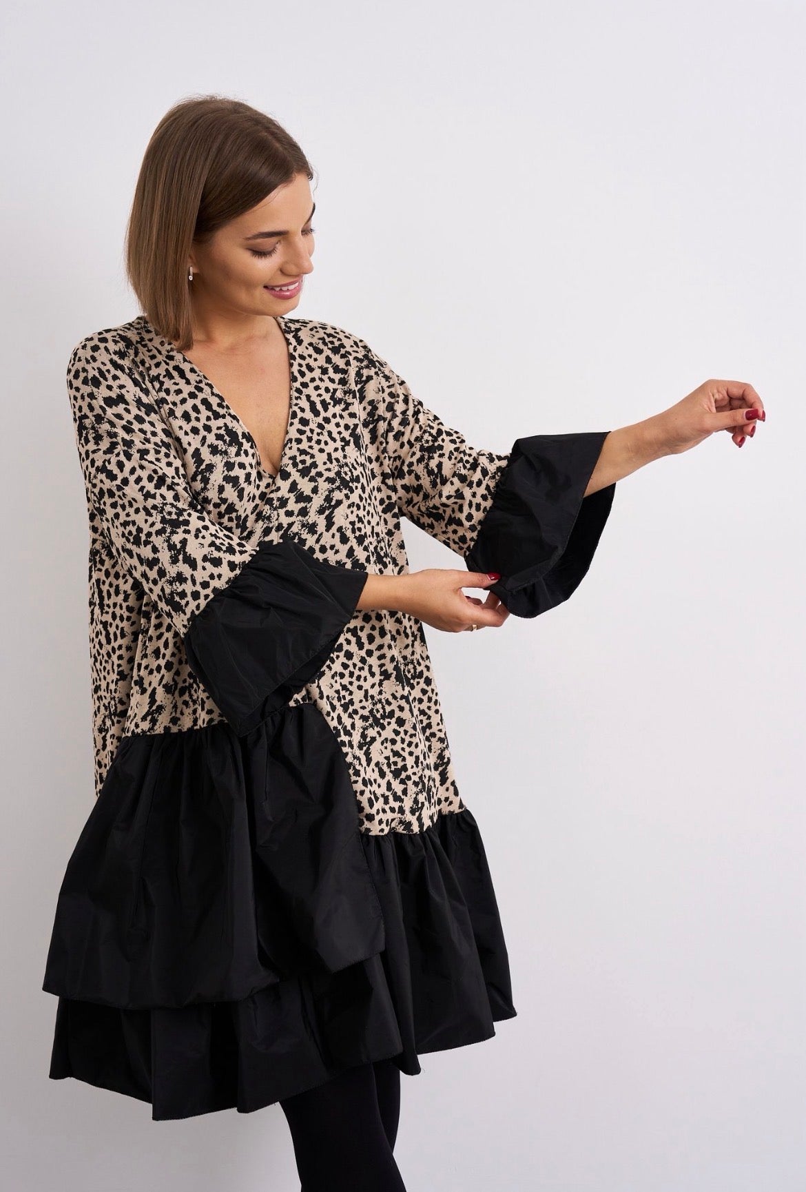 Leopard Print Tiered Dress – Black & Beige