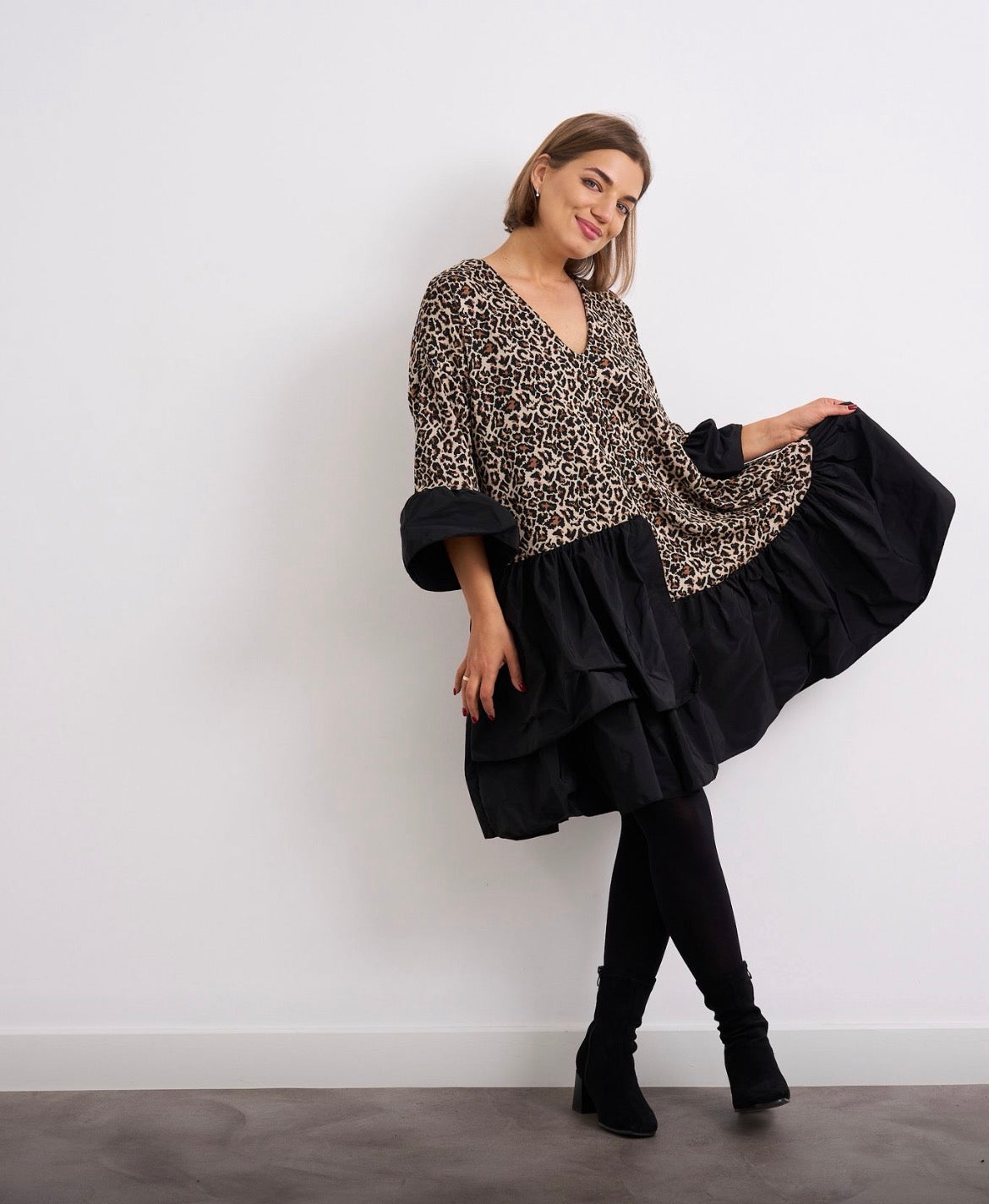 Leopard Print Tiered Dress – Black & Beige