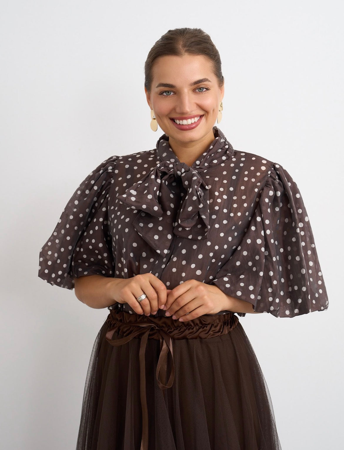 Kyla Spot Blouse - Brown & Cream.