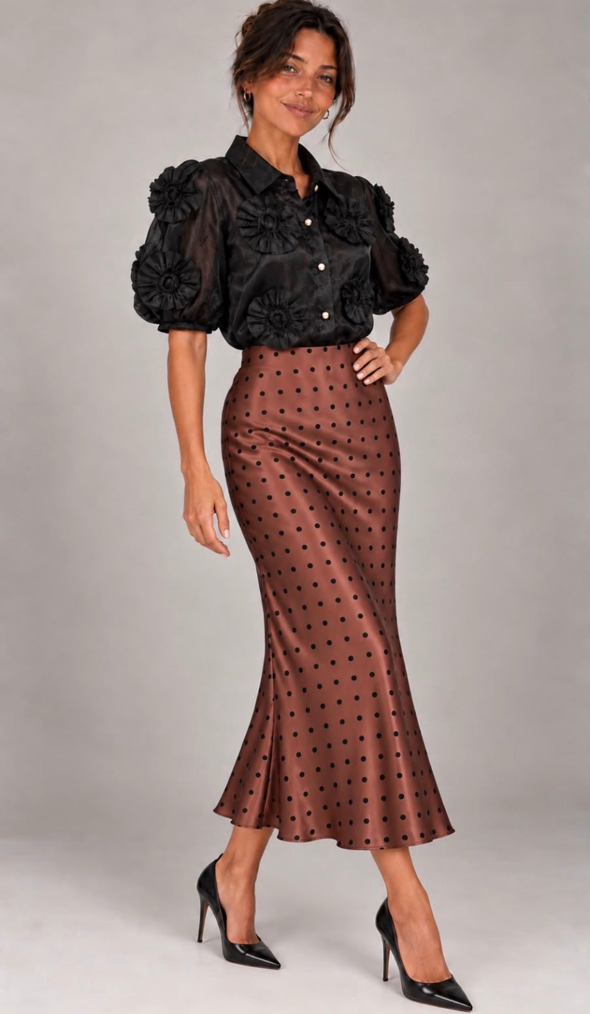 Kyla Satin Spot Skirt - Rust.