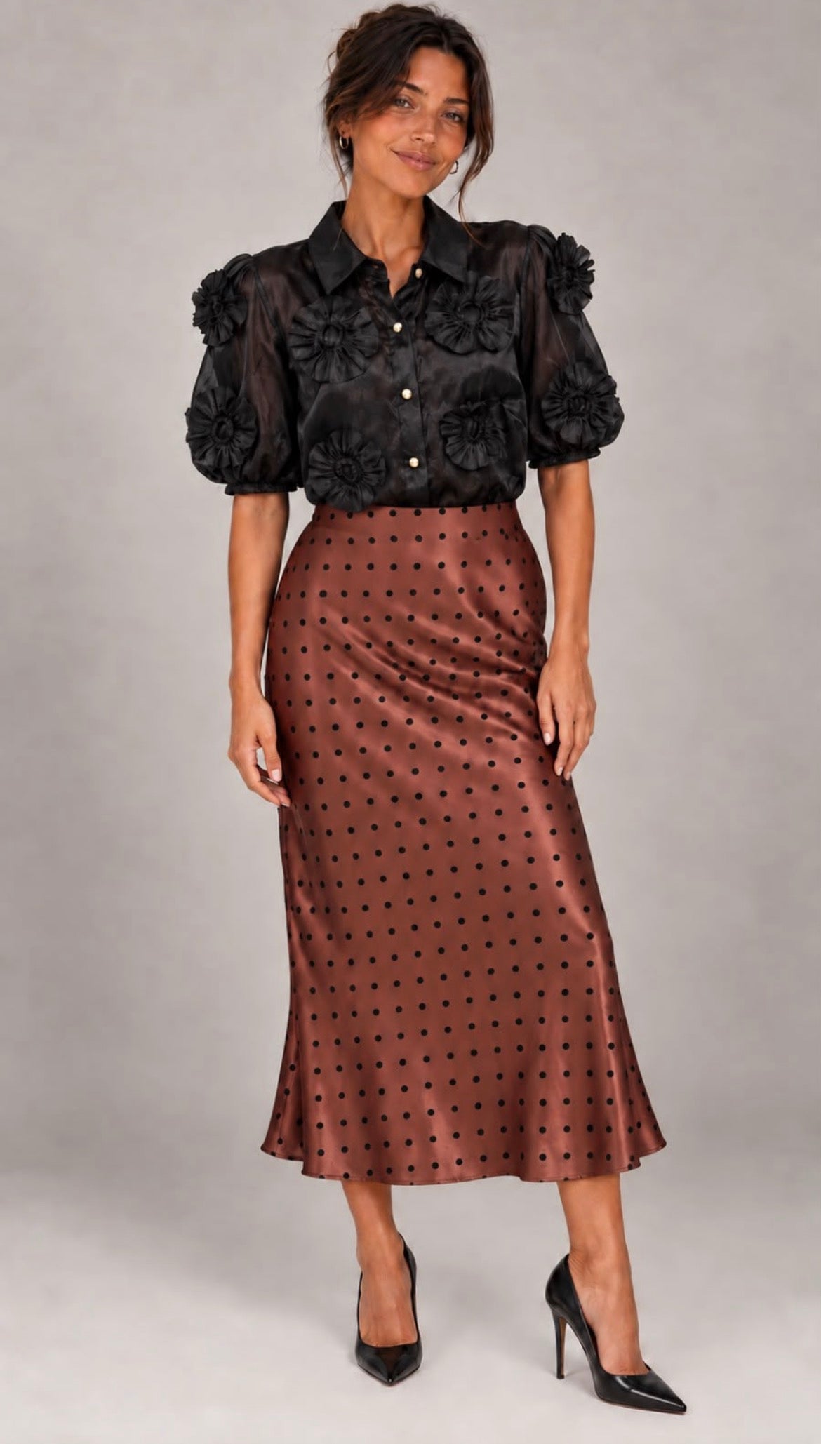 Kyla Satin Spot Skirt - Rust.