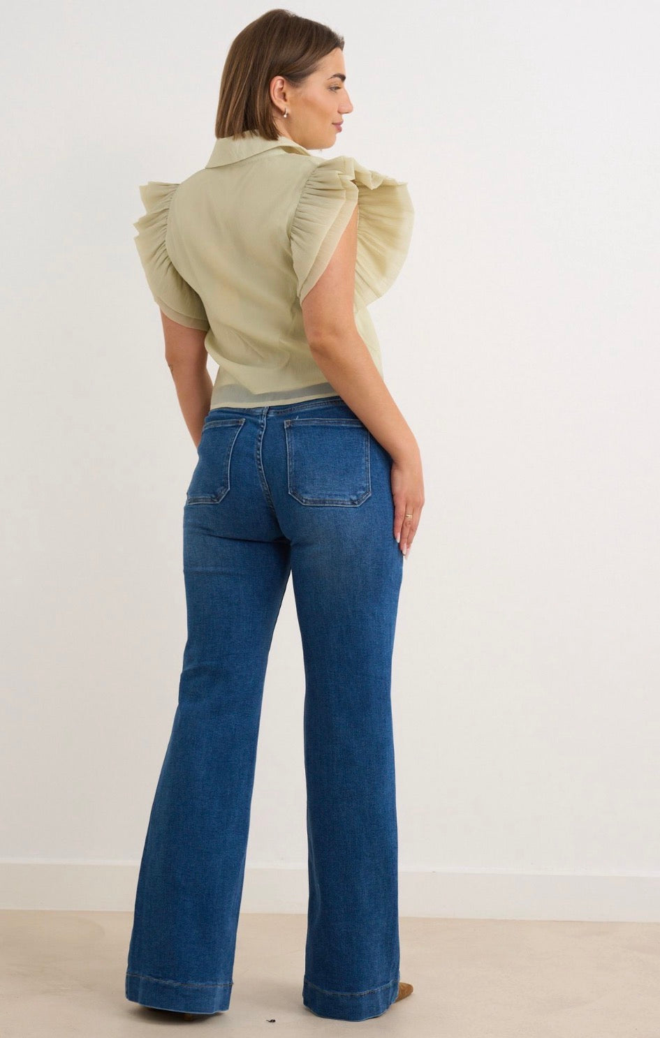 Kyla Wide Leg Jean with Deep Turn up & Patch Pockets.
