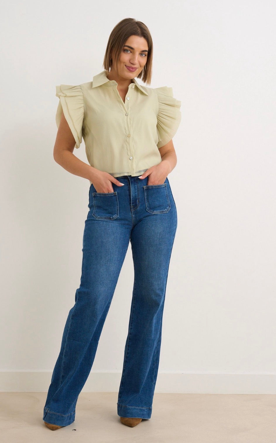 Kyla Wide Leg Jean with Deep Turn up & Patch Pockets.