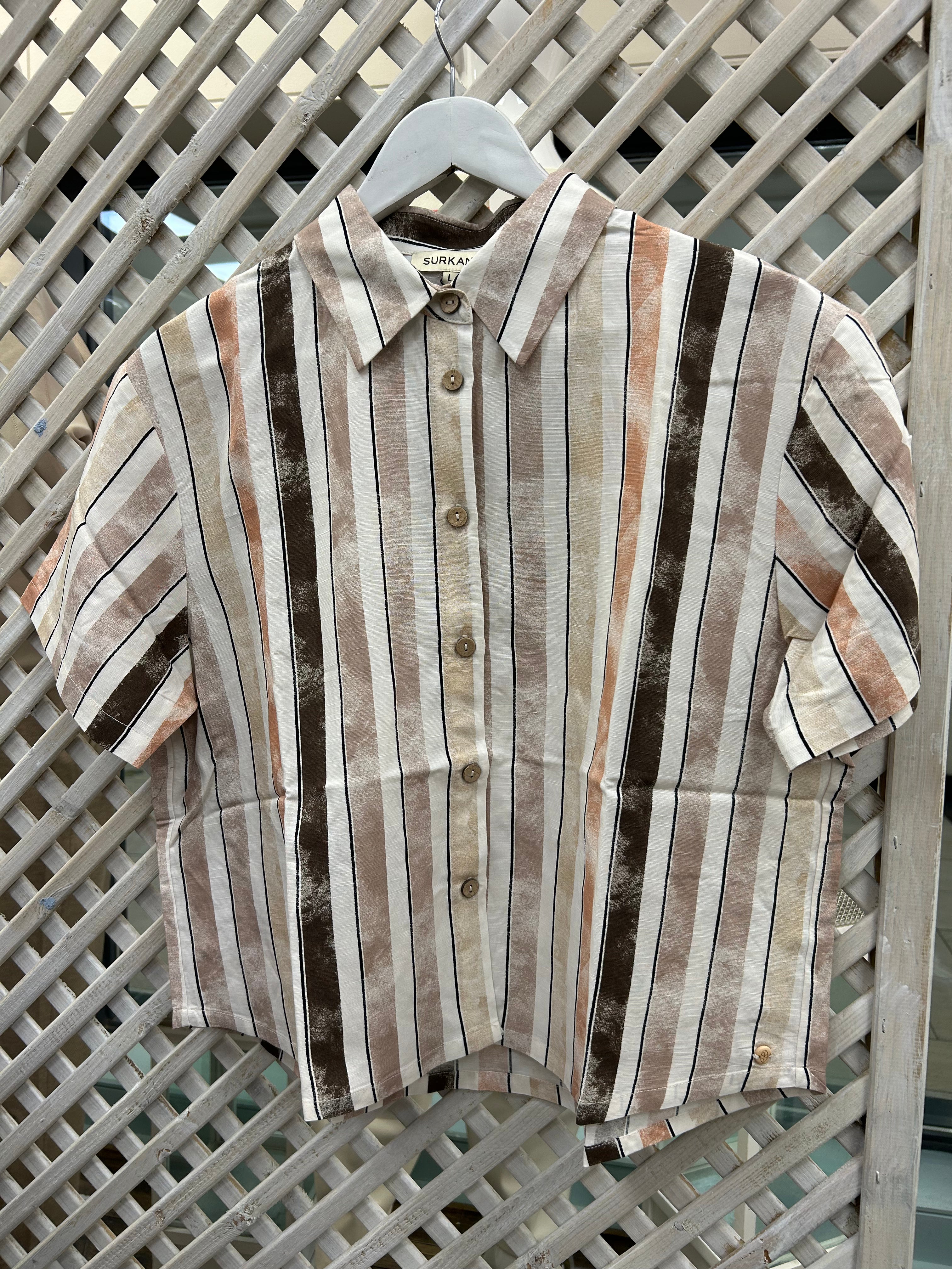 Surkana Short Sleeve Cropped Shirt - Brown Multi.