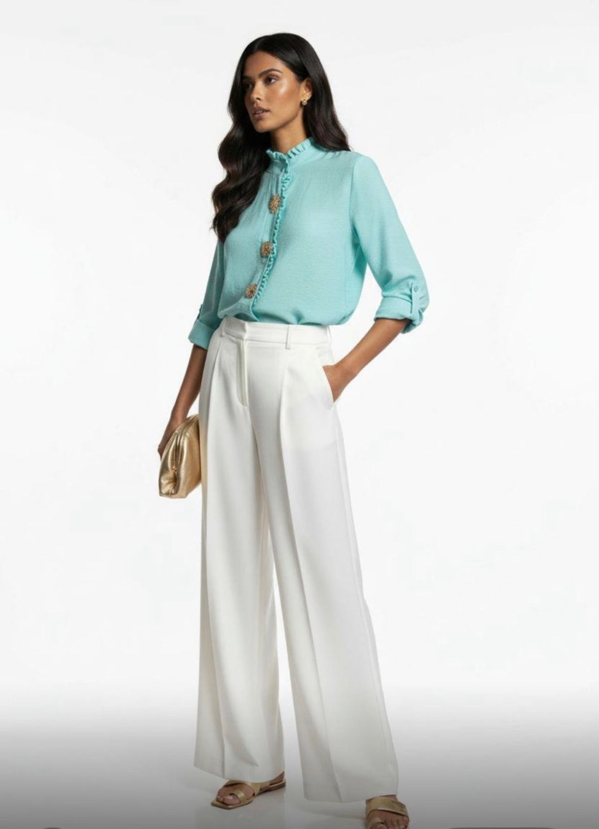 Ruffle Neck Shirt with Button Detail - Aqua.