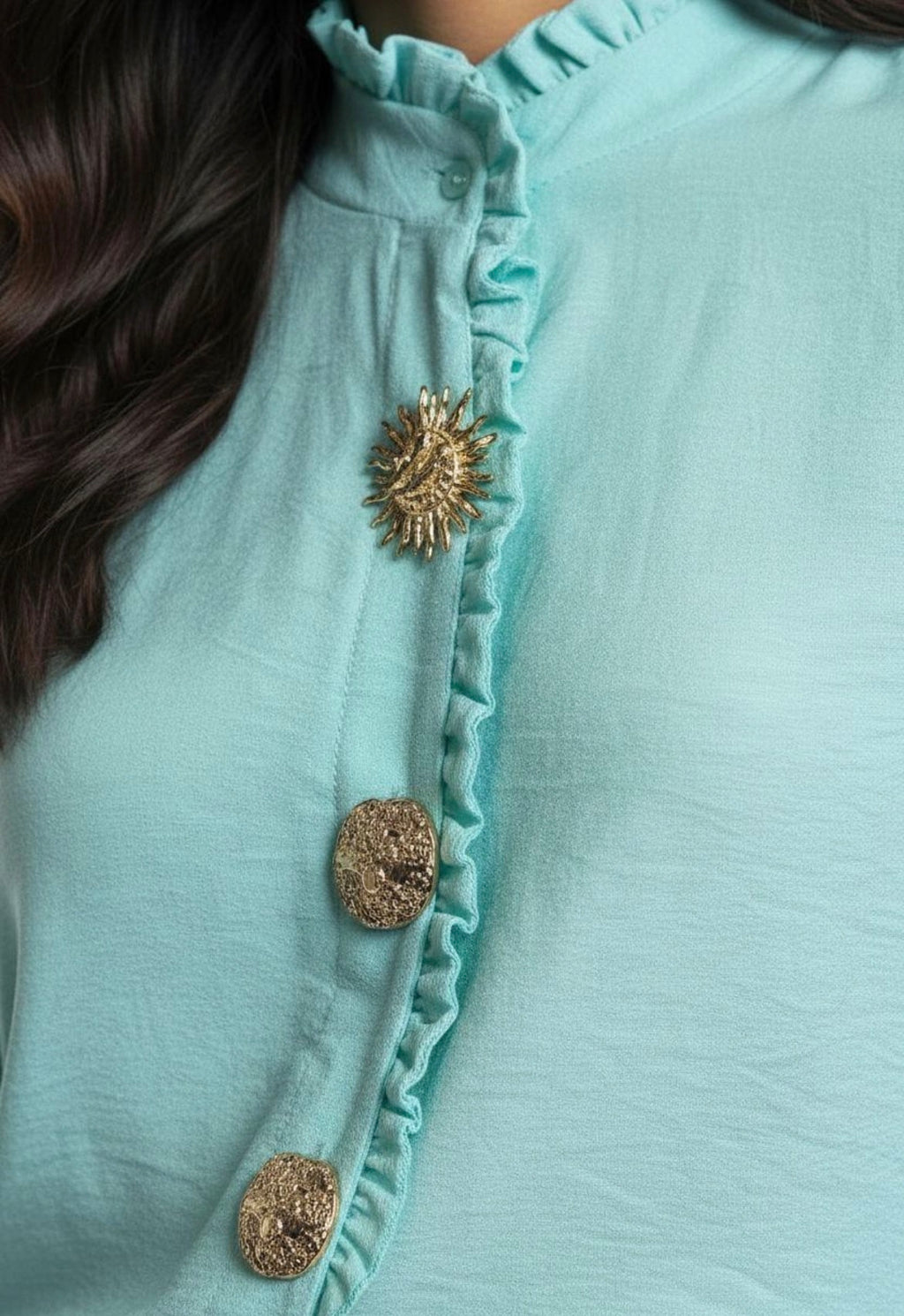 Ruffle Neck Shirt with Button Detail - Aqua.