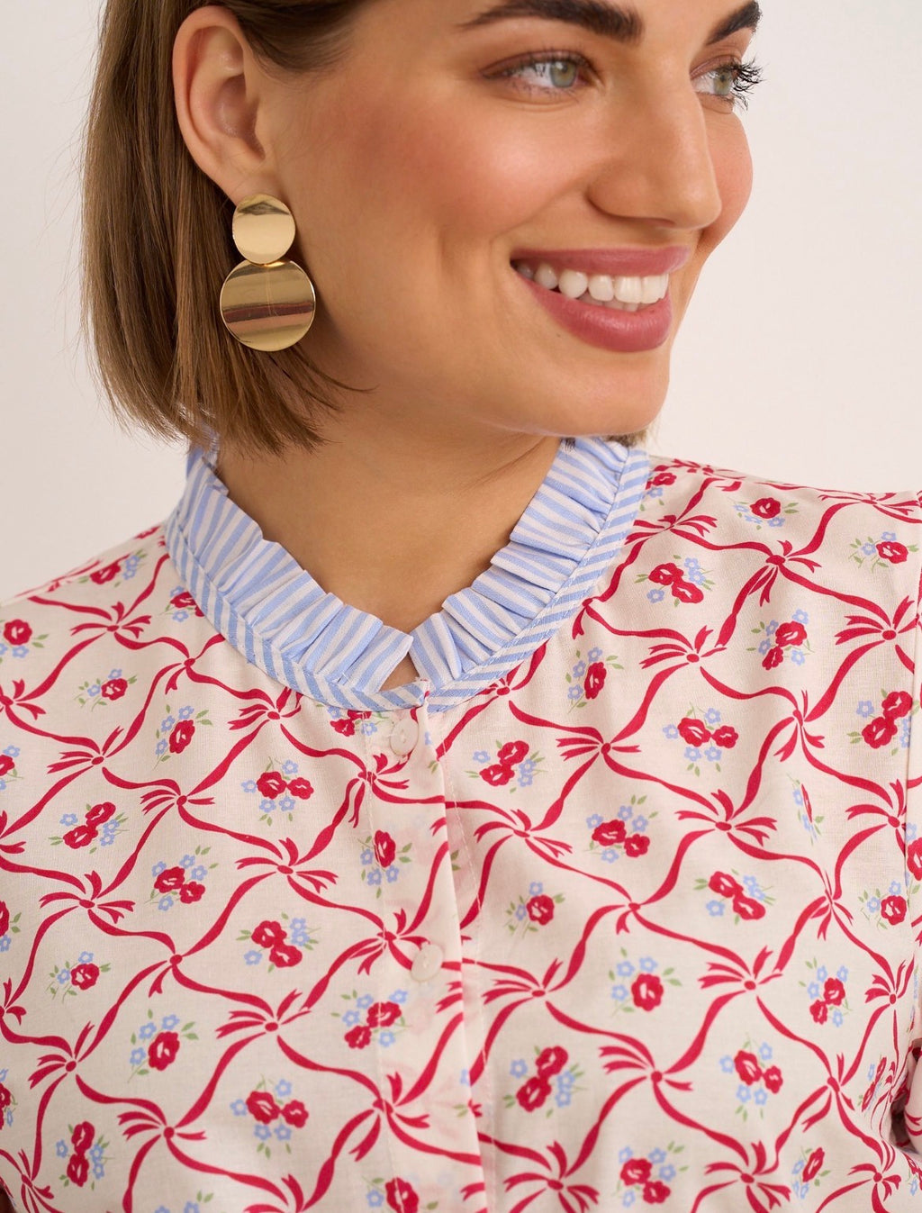Kyla Blouse with Ruffle Neck - Pink & Blue Mix.