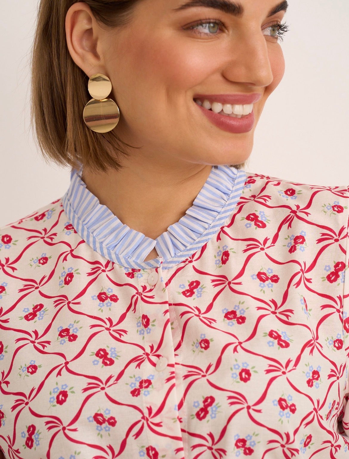 Kyla Blouse with Ruffle Neck - Pink & Blue Mix.
