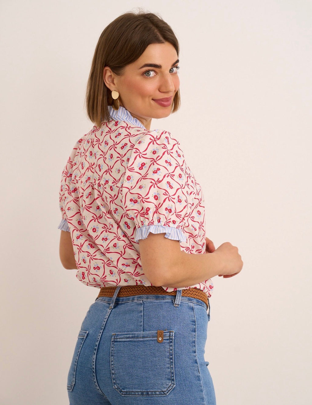 Kyla Blouse with Ruffle Neck - Pink & Blue Mix.