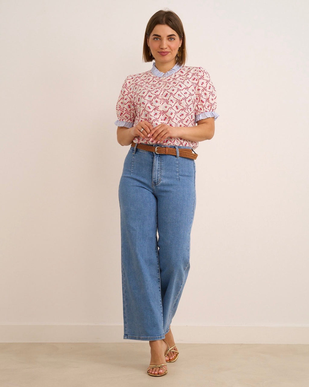 Kyla Blouse with Ruffle Neck - Pink & Blue Mix.