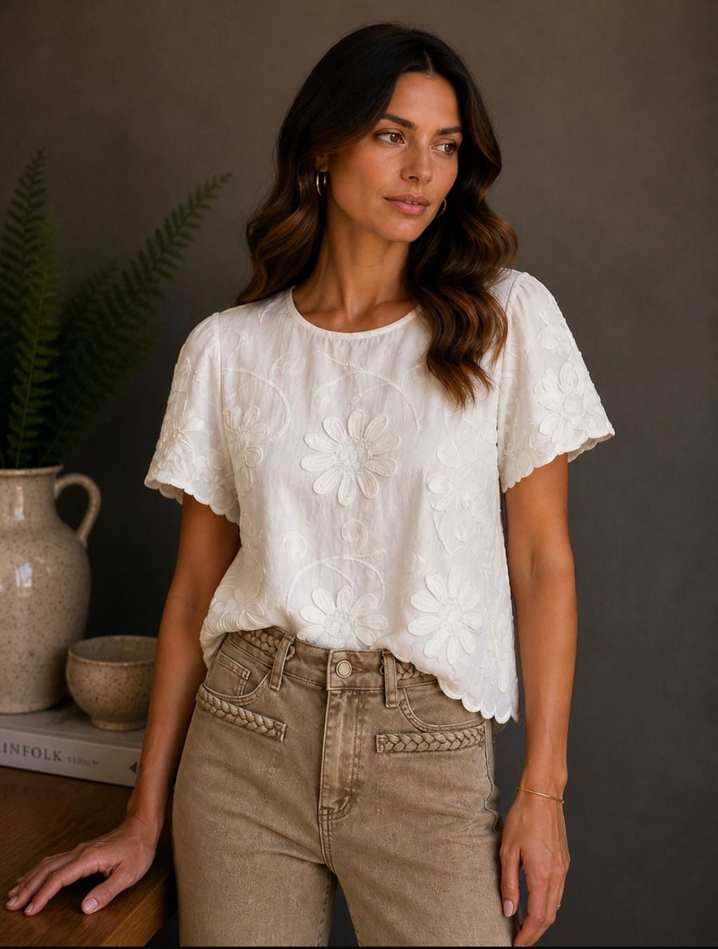 Kyla Top - Cream cut out Flowers.