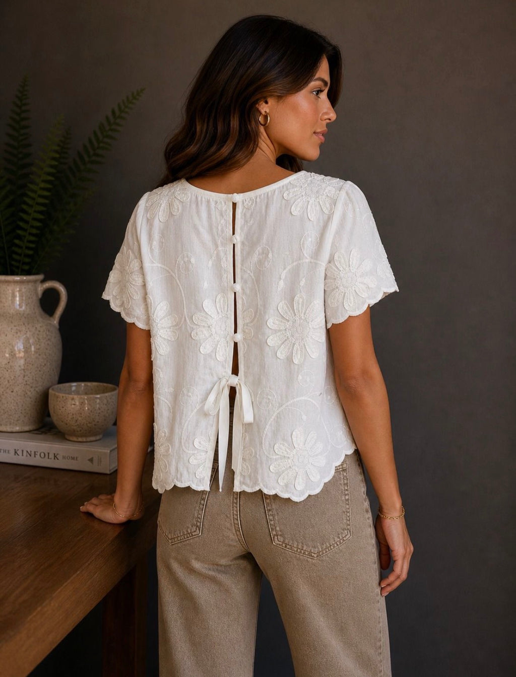 Kyla Top - Cream cut out Flowers.