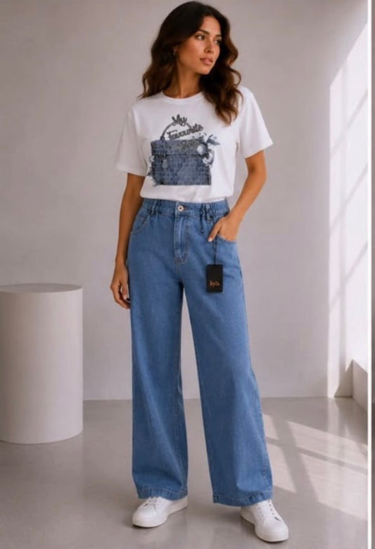 Kyla Wide Leg Cotton Trousers - Denim