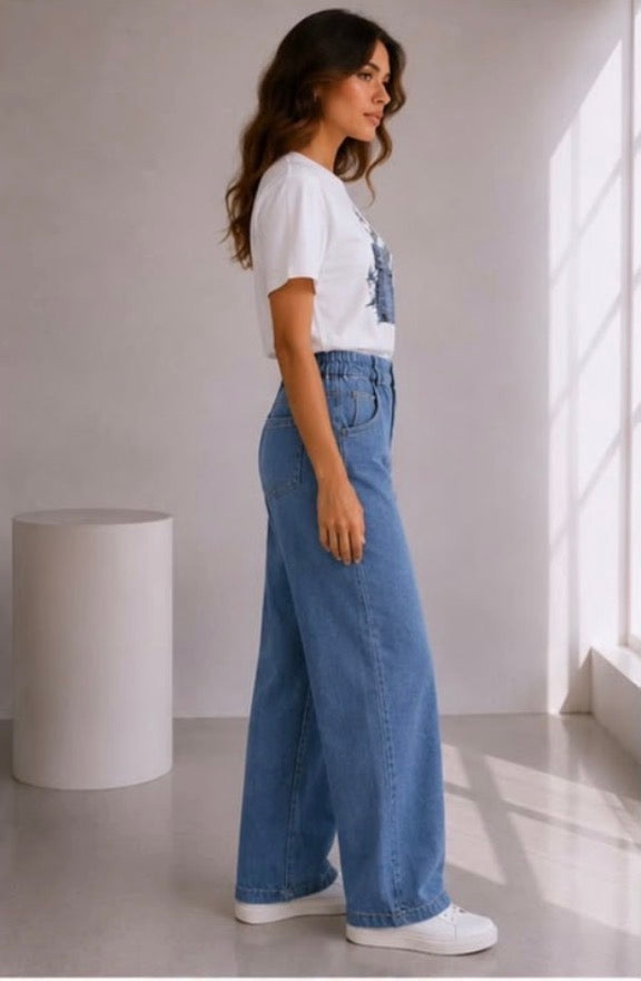 Kyla Wide Leg Cotton Trousers - Denim