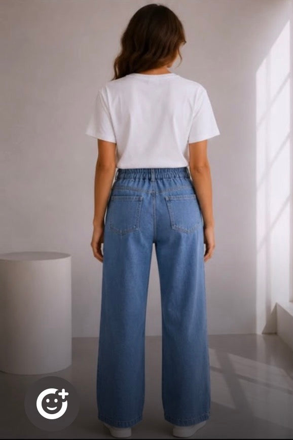 Kyla Wide Leg Cotton Trousers - Denim