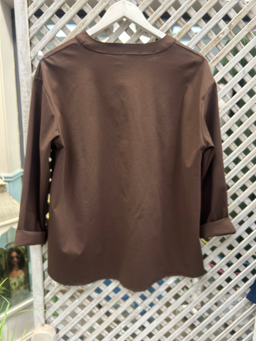 Brown Tunic Top with Gold Button Hardware.