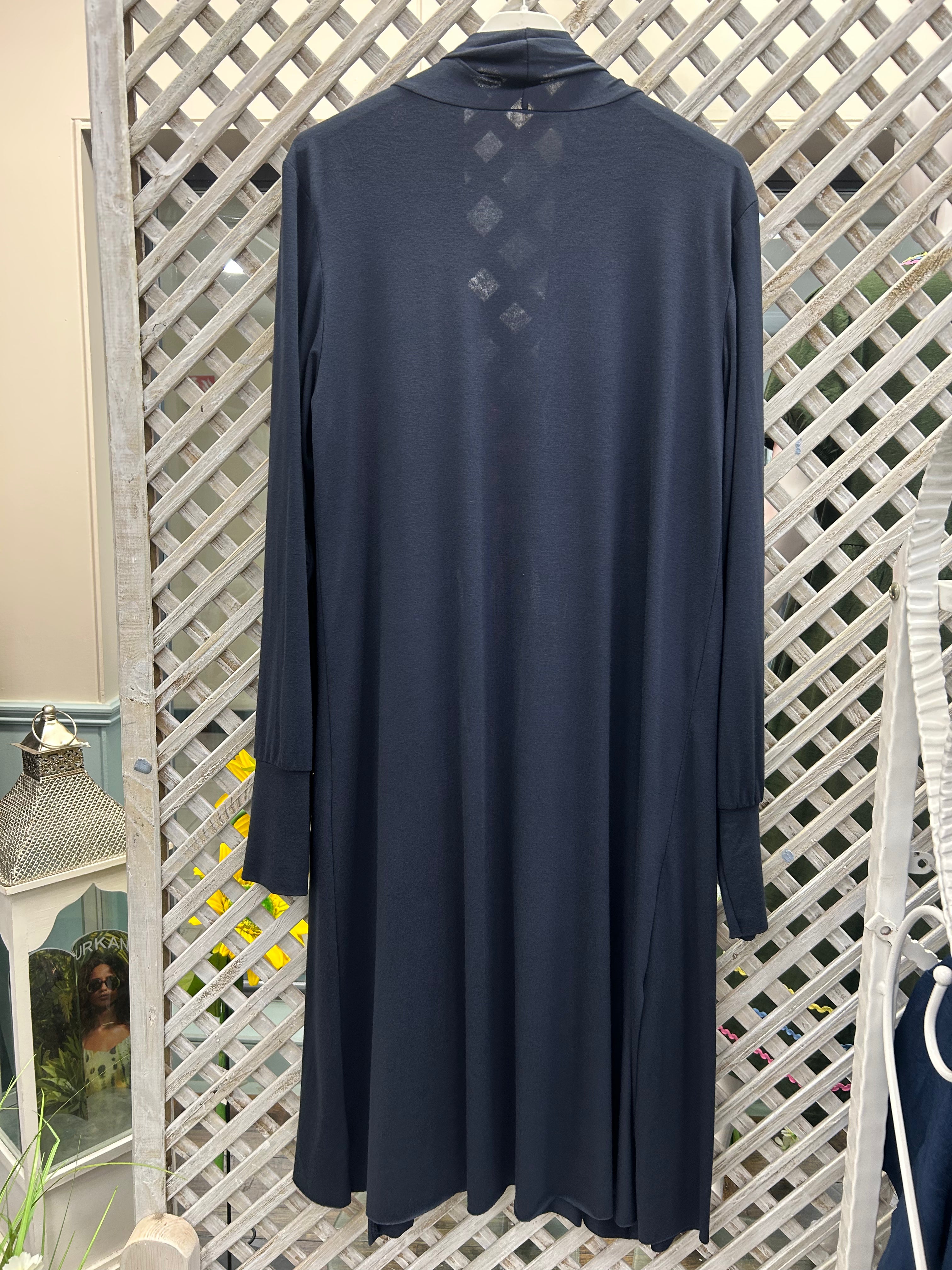 Navy Long Line Cardigan.