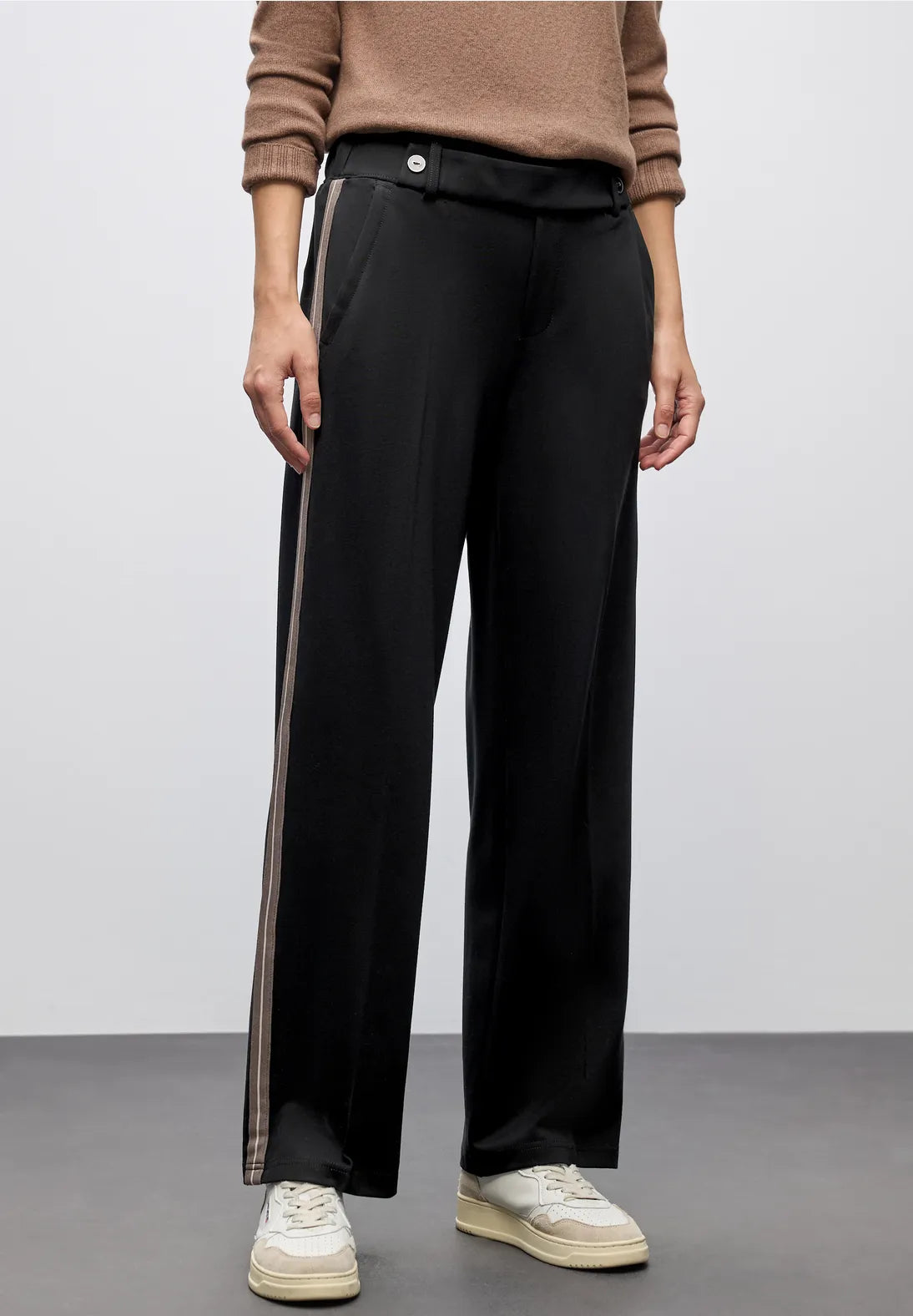 Street One Straight Leg High Waist Trousers Belt & Button Close Black 30" Leg