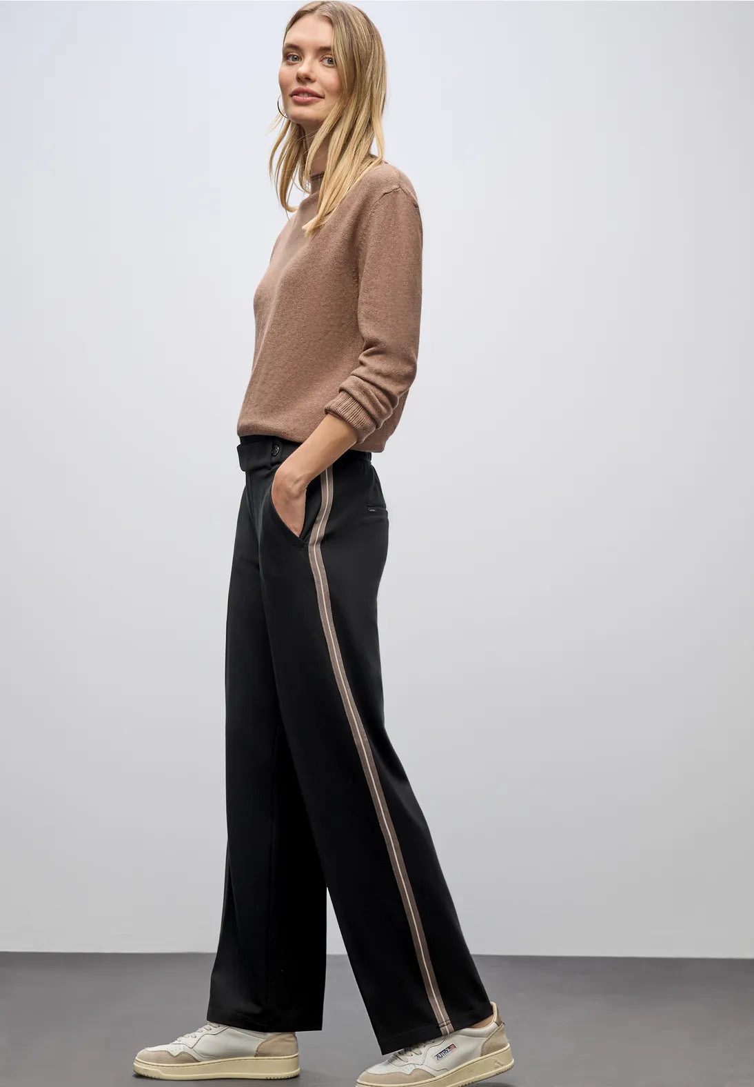 Street One Straight Leg High Waist Trousers Belt & Button Close Black 30" Leg