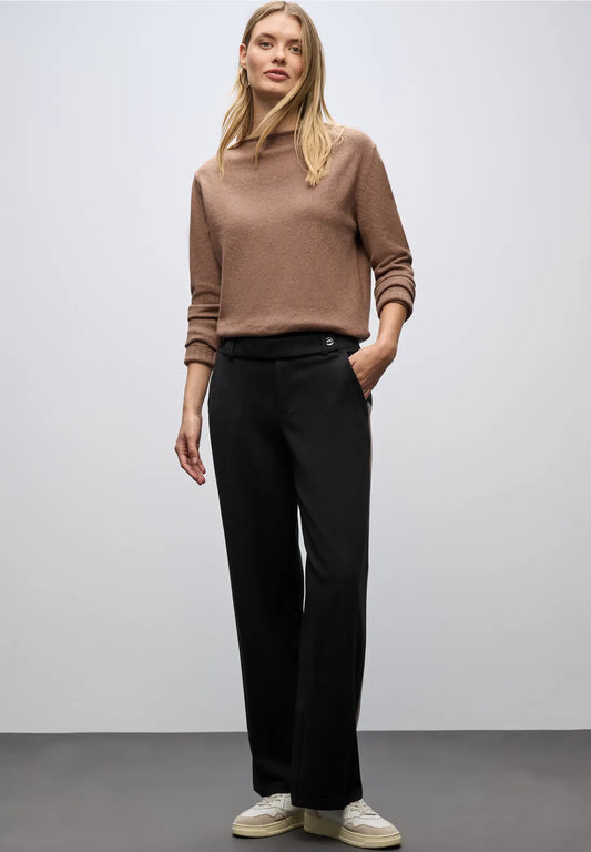 Street One Straight Leg High Waist Trousers Belt & Button Close Black 30" Leg