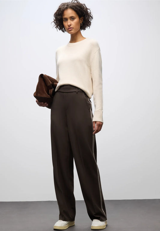 Street One Straight Leg High Waist Trousers Belt & Button Close Brown 30" Leg