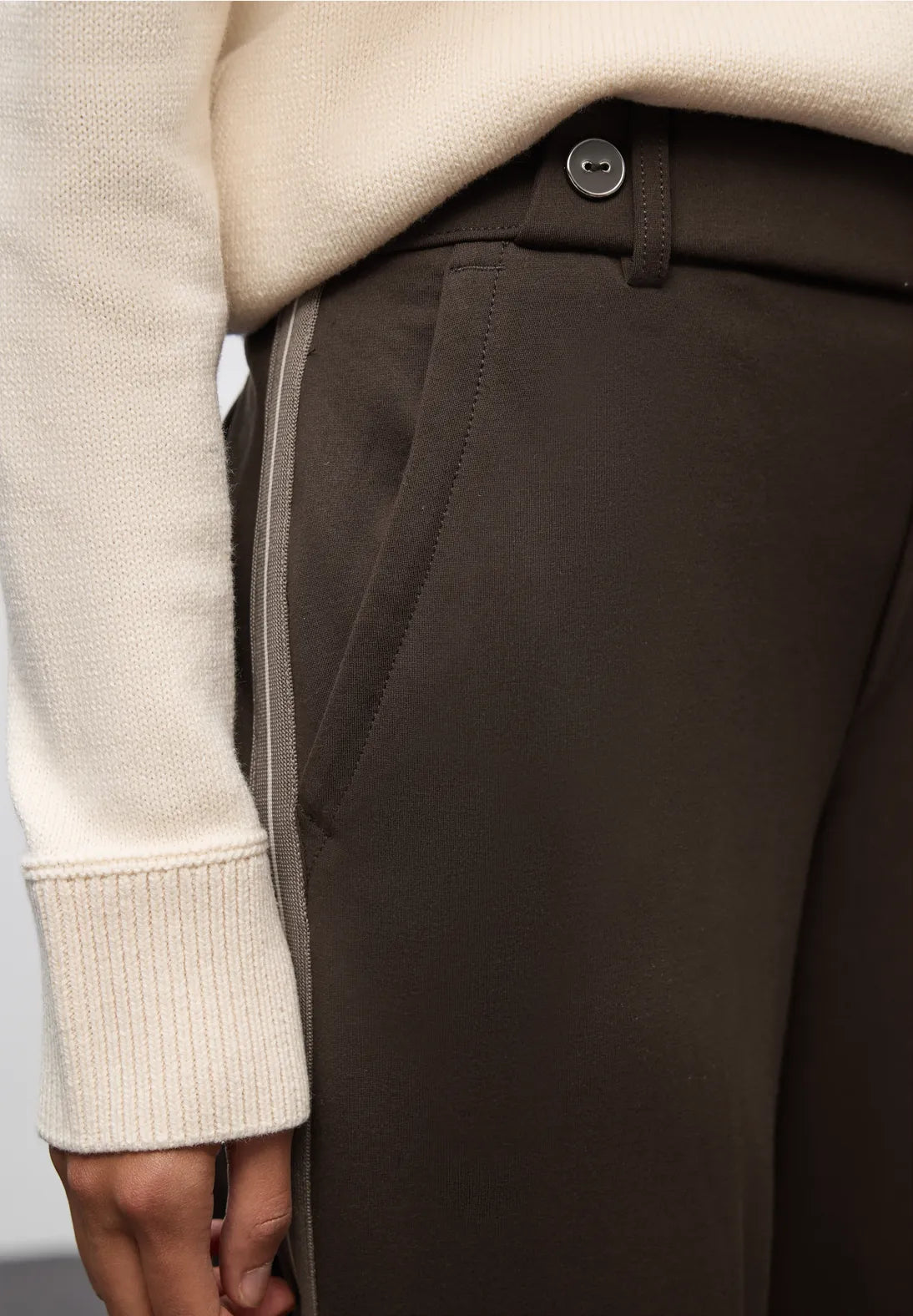 Street One Straight Leg High Waist Trousers Belt & Button Close Brown 30" Leg