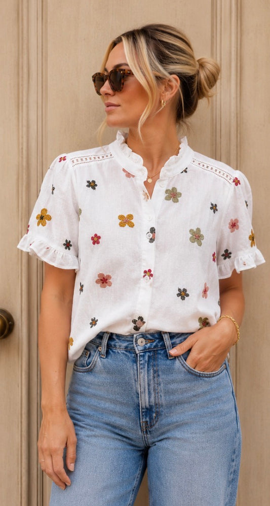 Sophie - Embroidered Daisy Frill Blouse - White