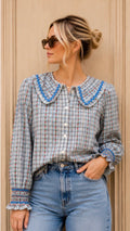 Sophie - Checked Peter Pan Collar Blouse Brown & Blue