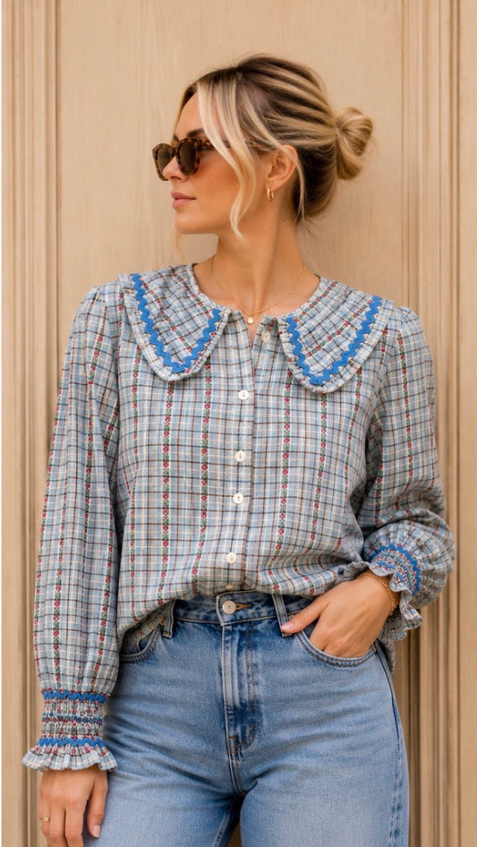 Sophie - Checked Peter Pan Collar Blouse Brown & Blue