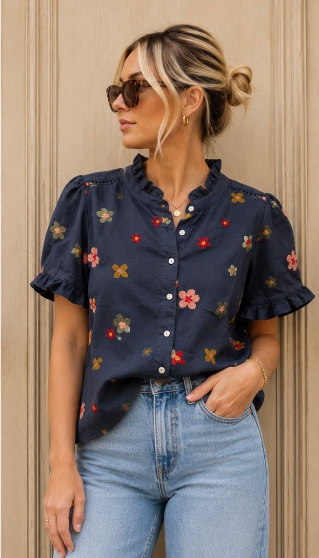Sophie - Embroidered Daisy Frill Blouse - Navy