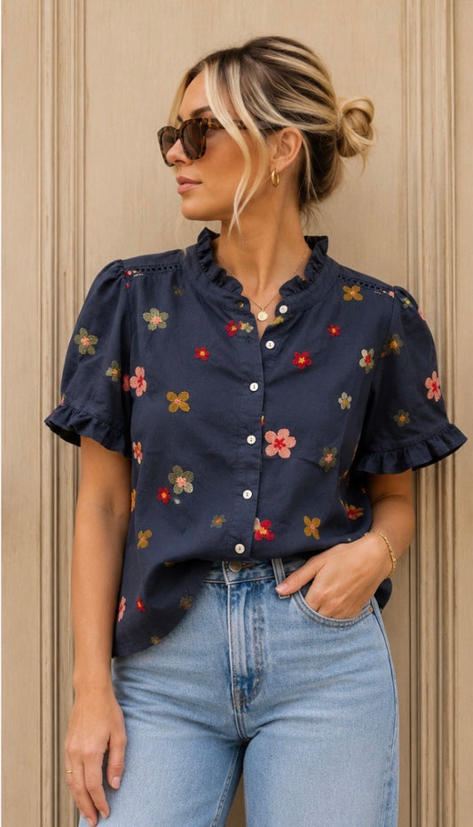 Sophie - Embroidered Daisy Frill Blouse - Navy
