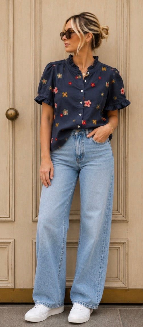 Sophie - Embroidered Daisy Frill Blouse - Navy