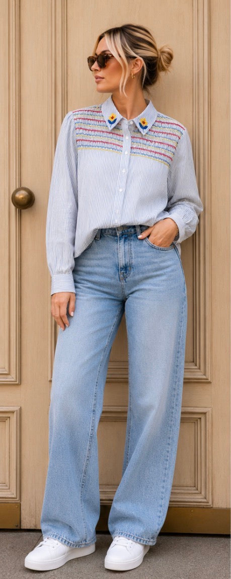 Striped Smocked Yoke Embroidered Shirt full length styled with wide-leg jeans