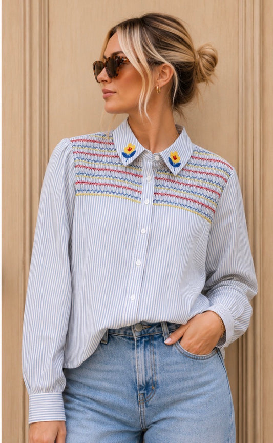 Sophie - Striped Smocked Shirt with Embroidered Sunflower.