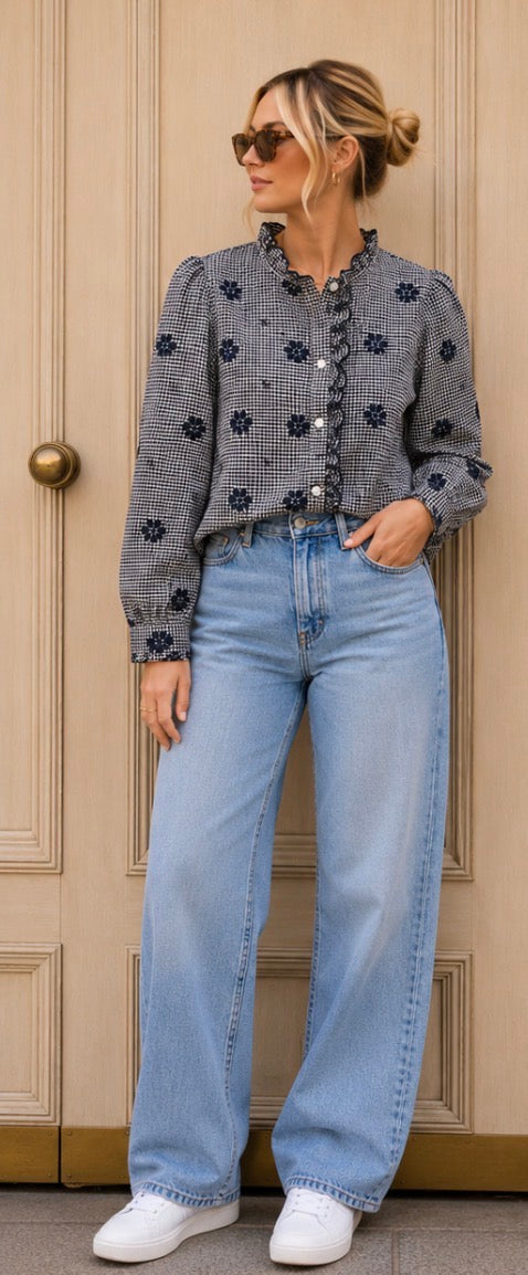 Sophie - Gingham Floral Embroidered Blouse