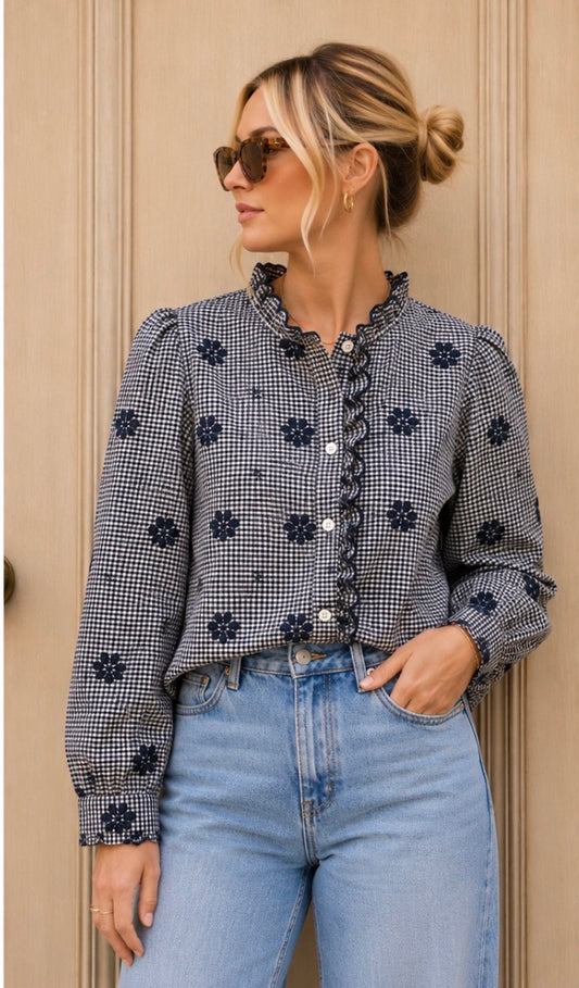 Sophie - Gingham Floral Embroidered Blouse