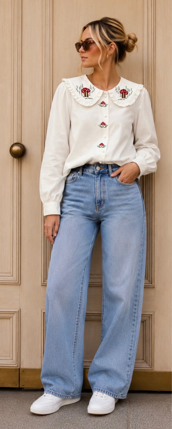 Mushroom Embroidered Peter Pan Collar Blouse full length styled with wide-leg jeans