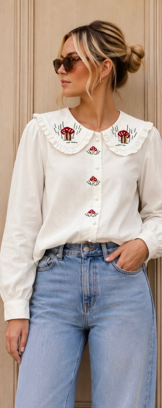 Mushroom Embroidered Peter Pan Collar Blouse front detail